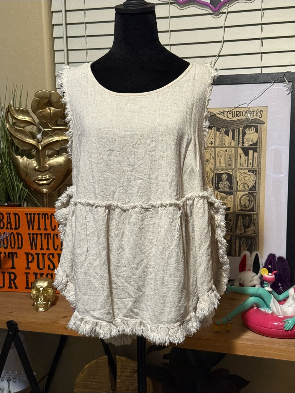 Umgee Cream linen Fringe-Trim Sleeveless Peplum Tunic